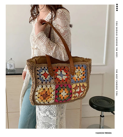 Sacs à bandoulière en paille pour femmes, style bohème, grand-mère, sacs à main décontractés en tissage, sac de plage d'été fait à la main, sac fourre-tout de grande capacité