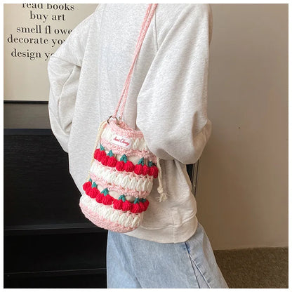 Handmade Woven Cherry Woolen Bag Fresh Fruit Woven Bag Crochet Knitted Bag Leisure String Shoulder Crossbody Bag 2024 New