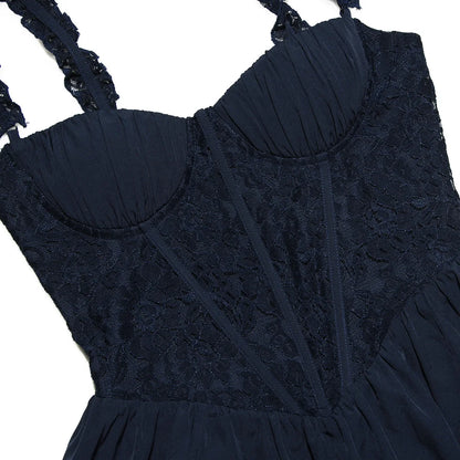 Suninheart Summer Mini Lace Party Dresses Lovely  Navy Blue Sleeveless Spaghetti Strap A Line Dress Fashion Women Clothing 2023