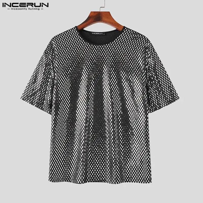 2024 Camiseta para hombre con lentejuelas brillantes, cuello redondo, manga corta, ropa holgada para hombre, ropa de calle, fiesta, moda informal, camisetas S-5XL INCERUN