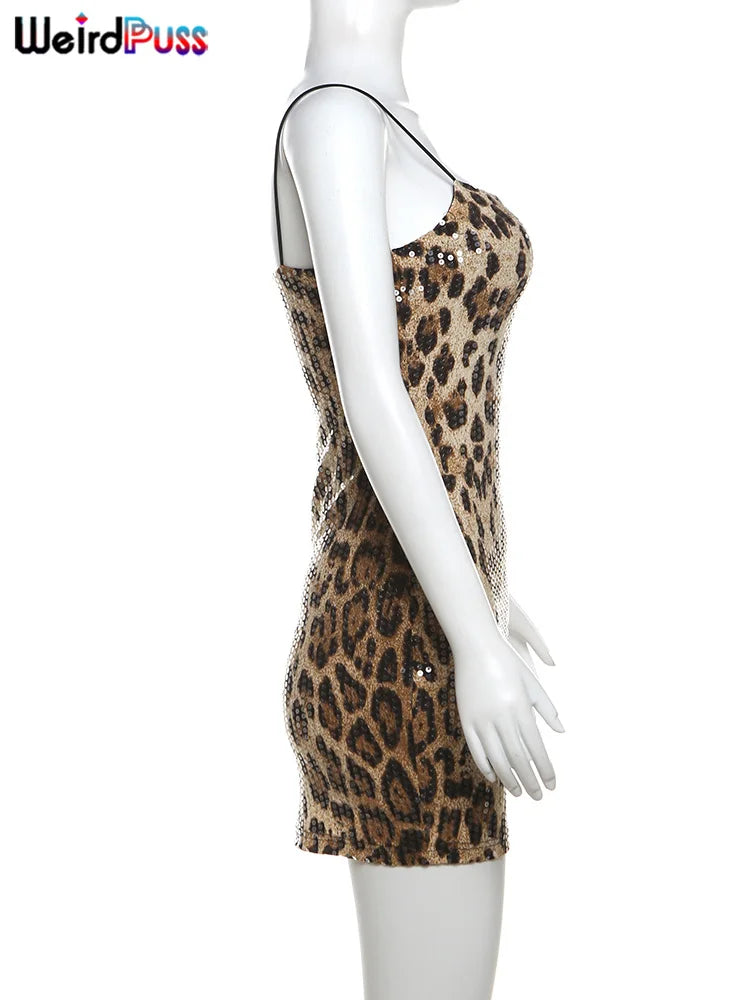 Vestido sexy con estampado de leopardo y gatito extraño para mujer, con lentejuelas, estilo hipster, a la moda, ajustado, elástico, para fiesta de medianoche, para discoteca, ajustado