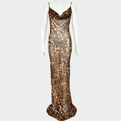 Suninheart Summer Sexy See Through Dress Maxi Backless Leopard  Sheer Beach Dress Lace Up Elegant Floor Length Holiday Dress