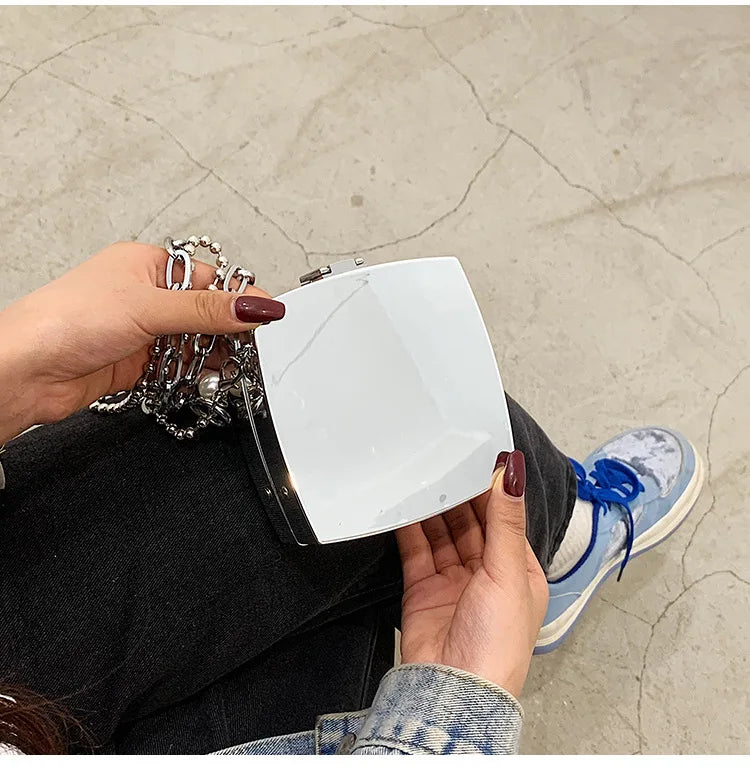 Luxury Silver Metal Box Bag Ladies Party Clutch Bag Evening Bag Chain Purse Crossbody Mini Bag Female Shoulder Bag Handbag Flap