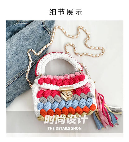 Fashion Colorful Crochet Women Handbags Trend Handmade Woven Chains Shoulder Crossbody Bag Small Flap Female Purses 2024