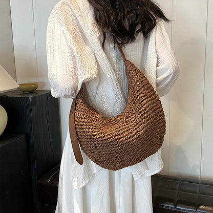 Casual Hobos Straw Women Shoulder Bags Handmade Weave Crossbody Bags Vintage Simple Summer Beach Bag Large Capacity Tote Purses