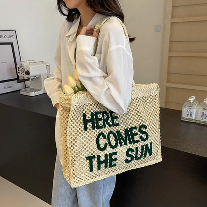 Casual Large Capacity Straw Tote Bag Summer Letters Design Weave Women Shoulder Bag Handmade Summer Beach Handbags Big Purses