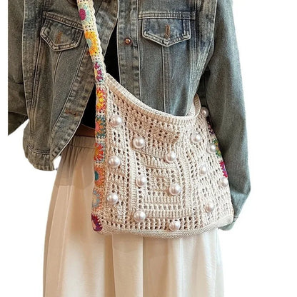 Casual Hollow Out Pearls Knitted Women Shoulder Bag Weave Crossbody Bags Bohemian Summer Beach Large Capacity Shopper Purse 2024