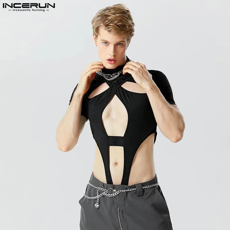 Fashion Men's Homewear Jumpsuits INCERUN 2024 Symmetric Hollow Design Short Sleeve Half High Neck Solid Triangle Bodysuits S-5XL