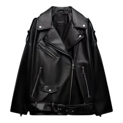 Veste en cuir noir pour femme, veste de course gothique de printemps, veste vintage à manches longues, veste en PU à revers, manteaux de moto pour femme, streetwear