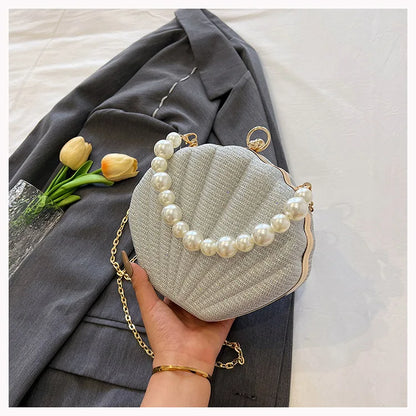 Bolso de hombro estilo marca, bolso de concha con cadena de perlas, bolso cruzado de lentejuelas de moda para mujer, bolso de noche