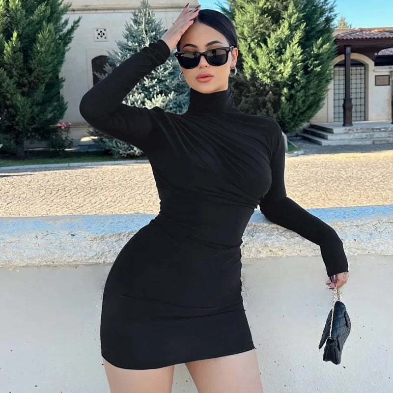 Dulzura Solid Long Sleeve Ruched Mini Dress For Women Bodycon Sexy Streetwear Party Elegant Outfit Birthday Short Dress Evening