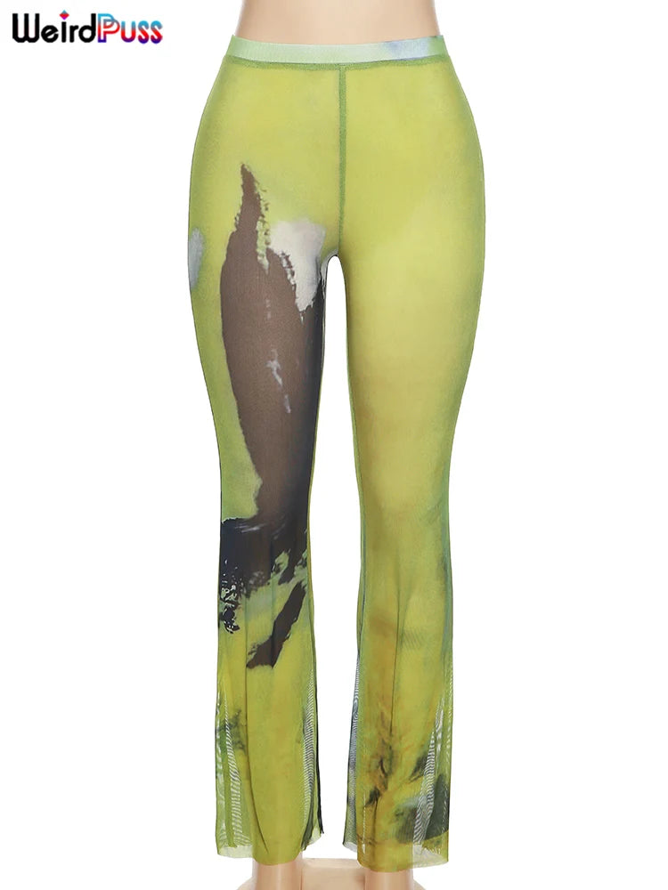 Pantalones rectos con efecto tie-dye de malla con diseño de gatito extraño para mujer, tendencia sexy de verano, ajustados y transparentes, ropa de calle, pantalones elásticos salvajes para actividades