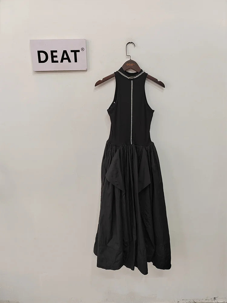 DEAT Vestido de mujer de moda con cuello redondo y cadena de metal, cintura abierta, empalme en forma de A, vestidos de tirantes hasta la mitad de la pantorrilla, verano 2024, nuevo 17A8727