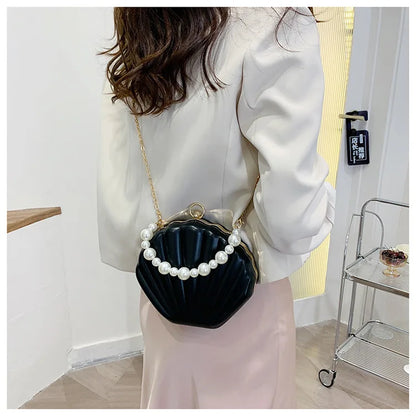 Fashion Shell Design Women Shoulder Bags Pearls Handle Lady Handbags Candy Color Pu Leather Crossbody Bag Small Female Purses