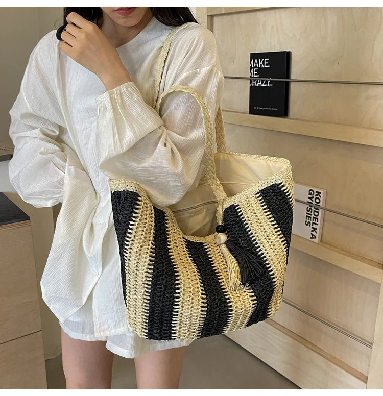 Bolso tejido de paja estilo vacaciones de verano, gran capacidad, versión coreana, tendencia occidental, bolso de hombro, bolso de mano de viaje de moda, diseñador