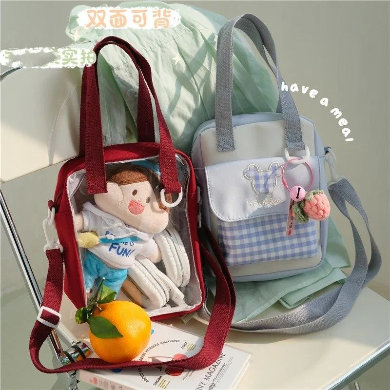 Sac Kawaii Style Japonais Dessin Animé Broderie Plaid Transparent Itabag Femmes Petits Sacs À Bandoulière Fille Itabag Pour Poupée 20cm JK