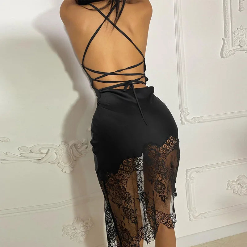 Dulzura - Vestido corto de satén con encaje y retazos para mujer, sexy, ajustado, con cordones y espalda descubierta, ropa elegante para fiesta, cumpleaños y noche