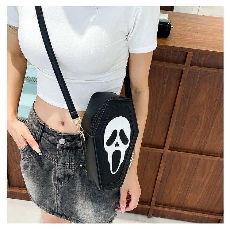 Bolso bandolera con forma de ataúd de fantasma de Halloween, con calavera gótica, divertido bolso de hombro para mujer