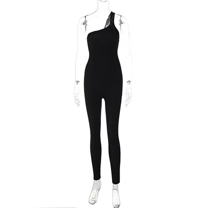 Dulzura Black Sleeveless One Shoulder Ribbed Jumpsuit Women Bodycon Sexy Streetwear Outfits Club Fall Winter Wholesale Rompers