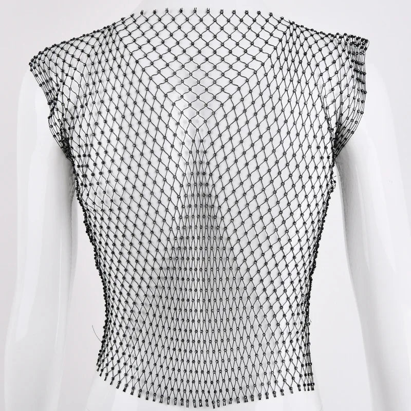 Sexy Women Tops Crystal Diamonds Mesh Rhinestone Tank Top Summer New Beachwear See Through Fishnet Party Crop Top