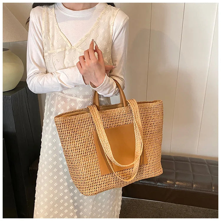 Casual Large Capacity Straw Tote Bag Hollow Paper Weave Women Shoulder Bags Handmade Summer Beach Handbag Big Bali Shopper Purse