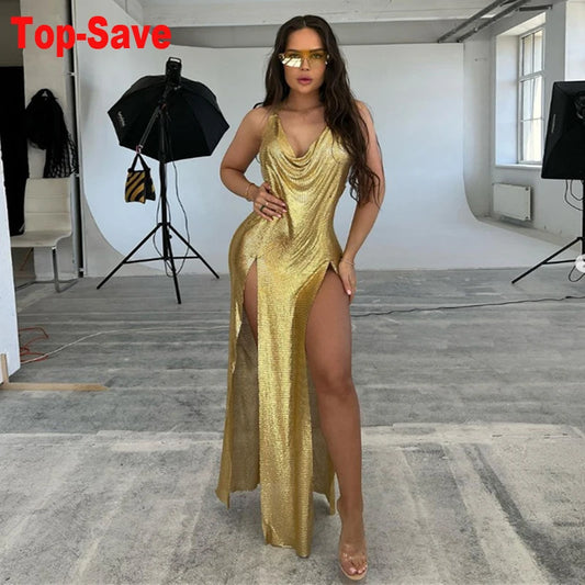 Halloween Luxury Body Chain Halter Rhinestone Sequins Dress Women Backless Glitter Split Nightclub Party Dresses Y2K Accessories