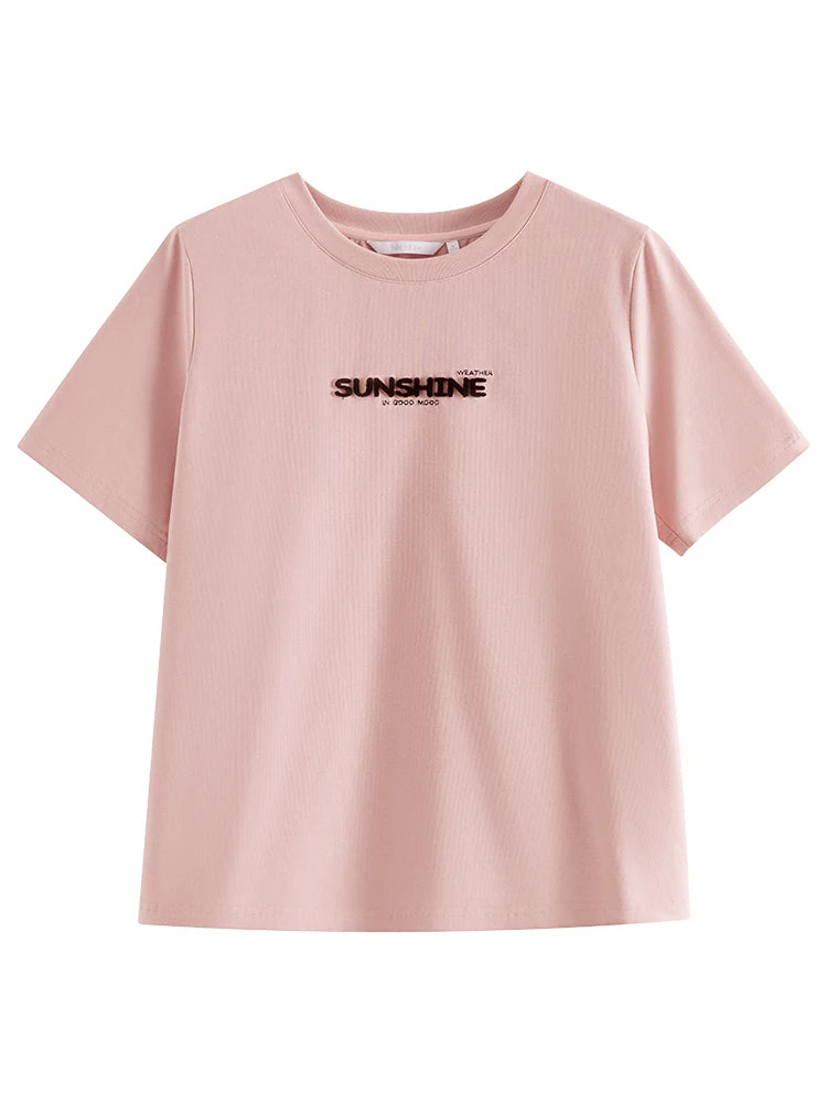 FSLE 69,8 % algodón, camisetas de mujer con cuello redondo y hombros descubiertos, camisetas blancas con letras bordadas en color rosa para mujer 24FS11355