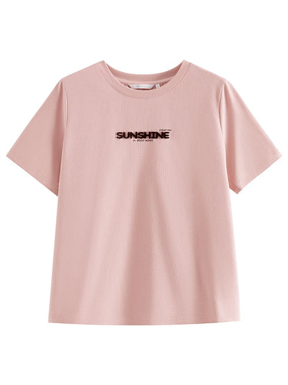 FSLE 69,8 % algodón, camisetas de mujer con cuello redondo y hombros descubiertos, camisetas blancas con letras bordadas en color rosa para mujer 24FS11355