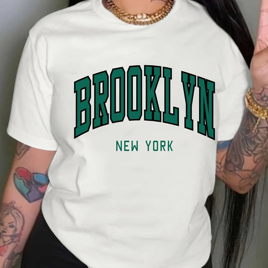 Camiseta de mujer con cuello redondo y estampado de letras de Brooklyn, camiseta informal de manga corta con hombros caídos, ropa para mujer