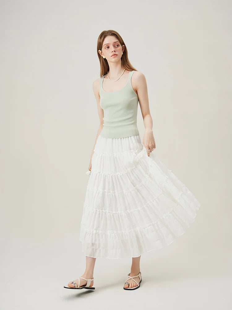 FSLE Women White Long Cake Skirt High Waist Elastic Waist Summer New Light Blue Long A-LINE Skirts Sweet Bottom 24FS12467