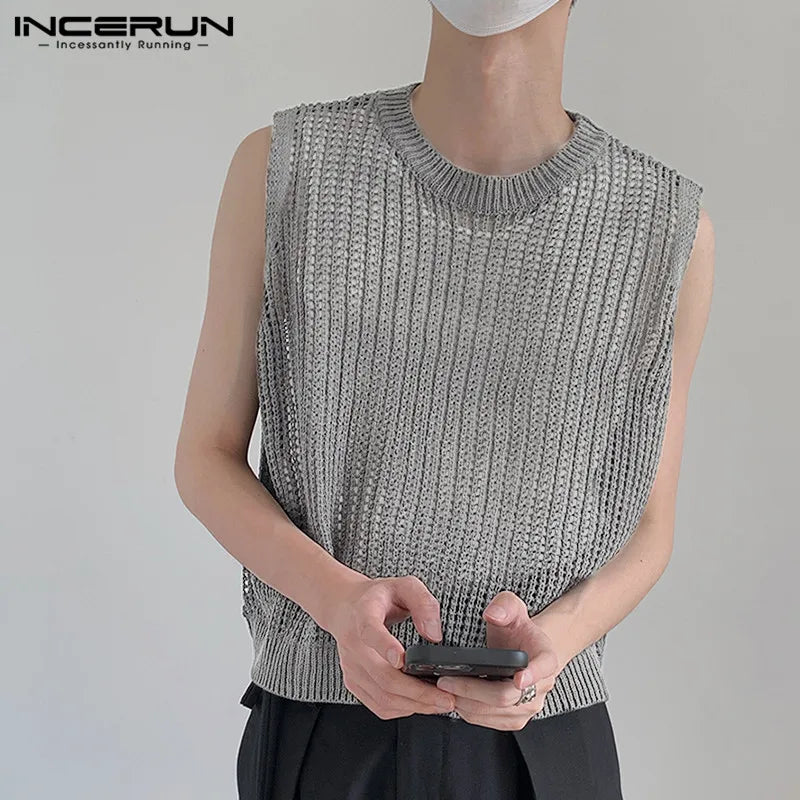 Fashion Men Tank Tops Mesh Hollow Out Transparent Streetwear Solid Color Vests 2023 O-neck Sleeveless Men Clothing S-5XL INCERUN