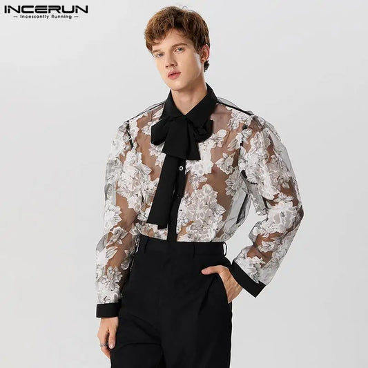 Mode Sexy Nouvelle Perspective Hommes Dentelle Imprimé Jacquard Cravate Chemises Décontracté Homme Vente Chaude Chemisier À Manches Longues S-5XL INCERUN Tops 2024