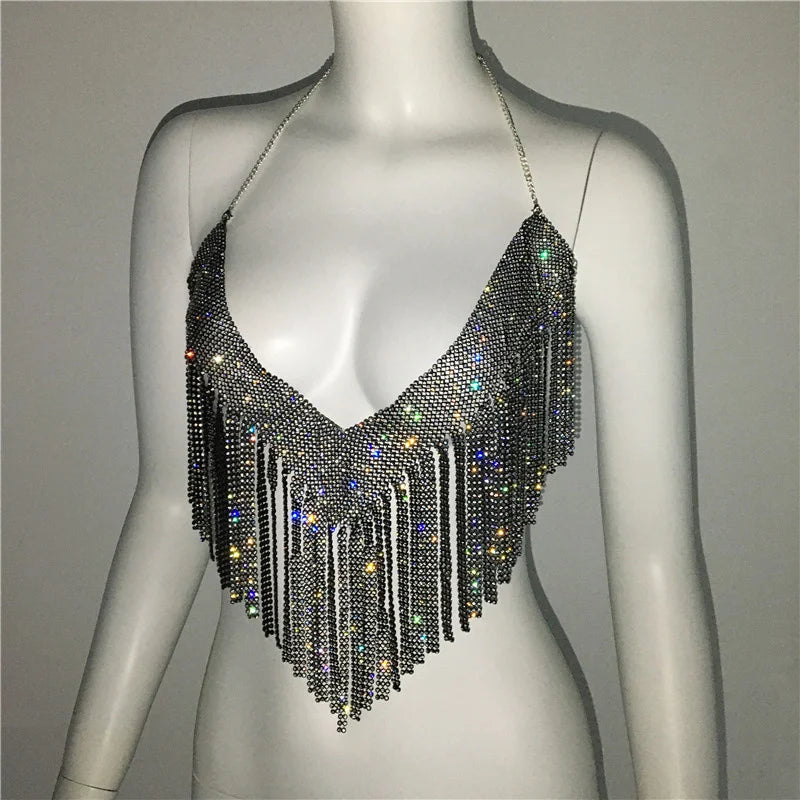 Chaleco con cuello halter y brillantes diamantes de imitación para mujer, top sexy de playa con borlas y cadena sin espalda para mujer, top corto calado para fiesta 2023