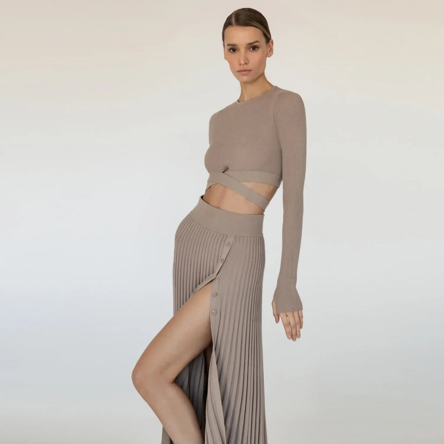 New White Knit Two Piece Women Sets Fall Ribbed Crop Top And Pleated Knitted Skirt Suits For Women Midi Dress Sets 2022