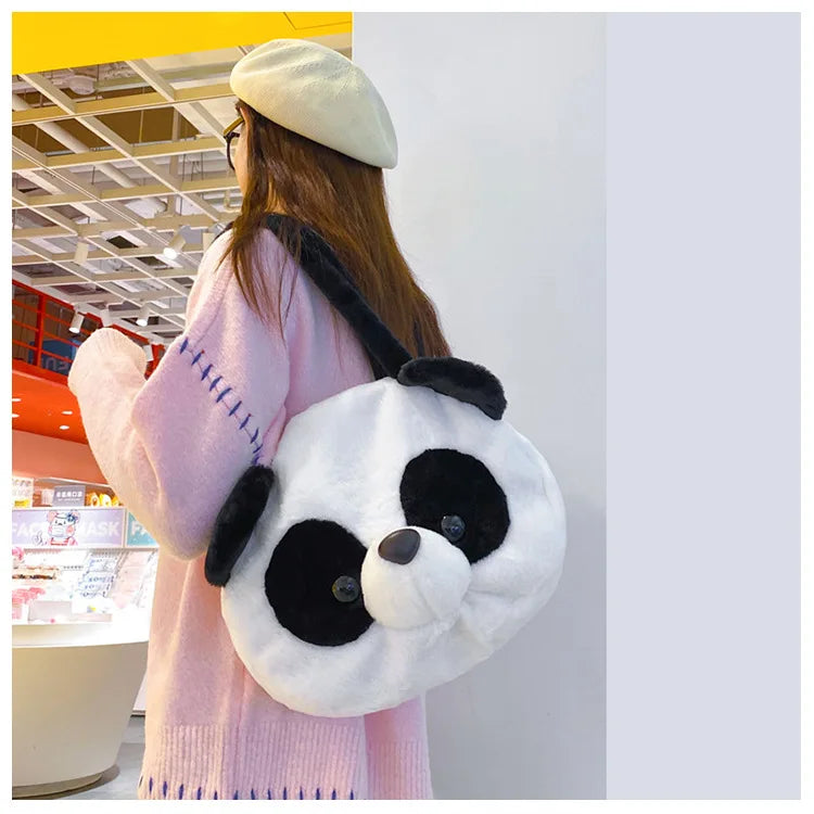 Bolsos de hombro de peluche para adolescentes, diseño kawaii, con forma de cabeza de panda, elegantes y suaves, para compras, portátiles