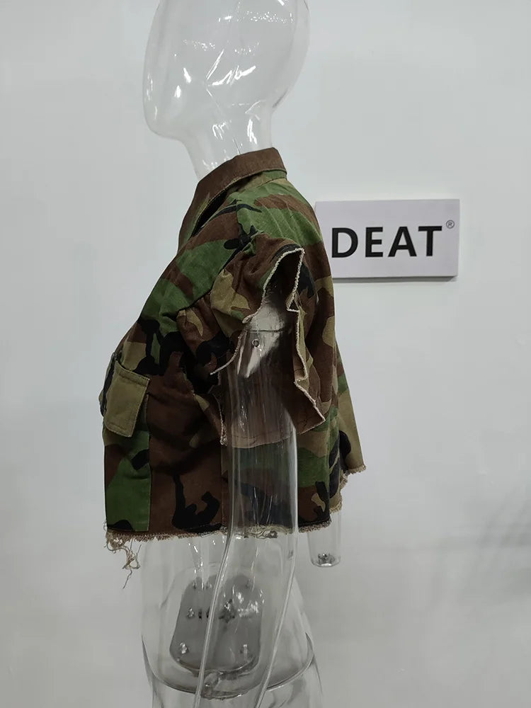 DEAT Fashion Women Jacket Turn-down Collar Butterfly Sleeve Single Breasted Camouflage Print Short Coat Spring 2024 New 17A7035