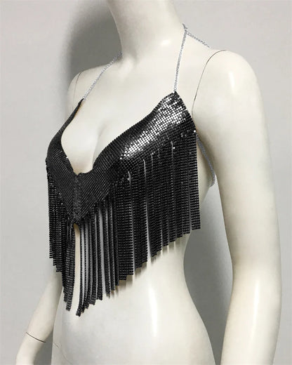 Top corto de fiesta con borlas y lentejuelas metálicas brillantes para mujer, diseño de cuello halter sin espalda, camisetas sin mangas de metal con lentejuelas, ropa de club nocturno