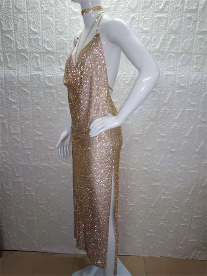 Robe de soirée longue et élégante en cristal pailleté pour femme, robe de soirée sexy dos nu, licou, scintillante, fendue haute