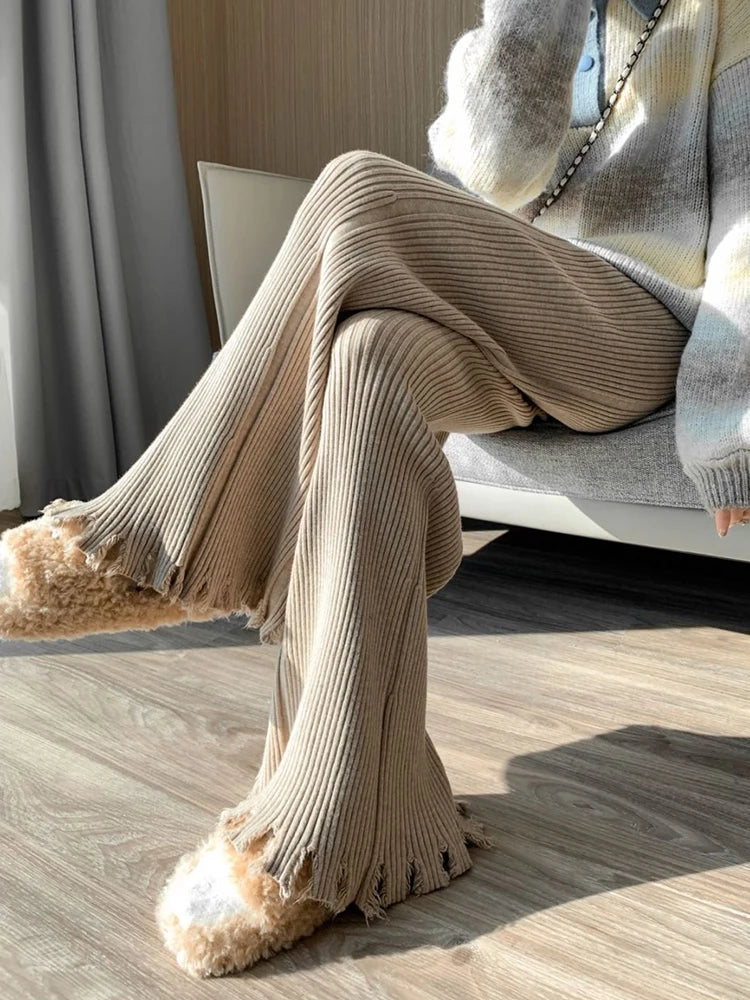 Suninheart Tassels Wide Leg Knitted Pants Women Winter Stripe Loose Trousers Femme Casual Full Length Warm Sweater Pants 2022