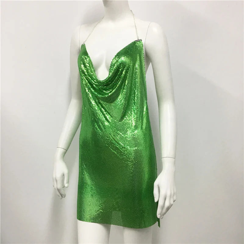 Robe d'été sexy à paillettes et chaîne transparente pour femme, dos nu, tenue de fête d'anniversaire, de boîte de nuit, robe de soirée en métal