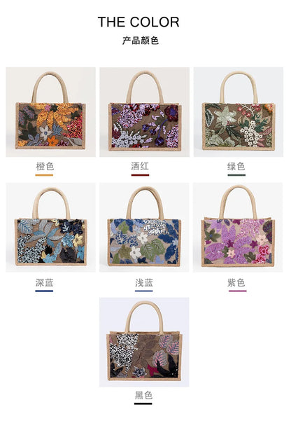 Sac fourre-tout brodé à paillettes tendance, petit sac à main élégant à fleurs pour femmes, sacs de plage d'été décontractés, sac cartable de vacances 2024