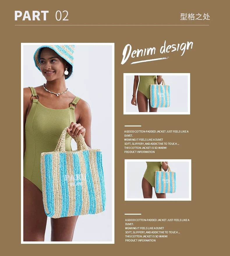 Casual Striped Straw Tote Bag Designer Letters Woven Women Handbags Handmade Summer Beach Bag Big Bali Travel Shopper Purse 2024