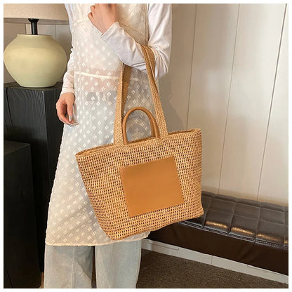 Casual Large Capacity Straw Tote Bag Hollow Paper Weave Women Shoulder Bags Handmade Summer Beach Handbag Big Bali Shopper Purse