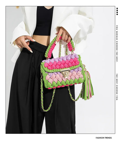 Fashion Colorful Crochet Women Handbags Trend Handmade Woven Chains Shoulder Crossbody Bag Small Flap Female Purses 2024