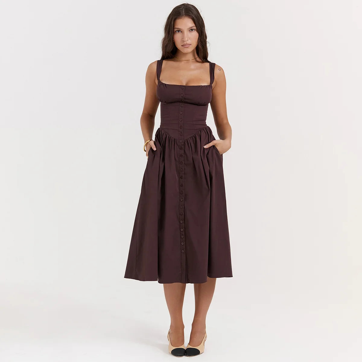 Robe élégante d'été pour femme Suninheart 2023 Robe de fête d'anniversaire à bretelles spaghetti marron Robe mi-longue boutonnée en ligne A