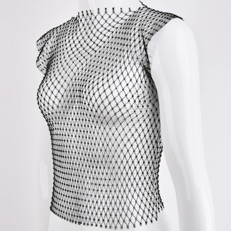 Sexy Women Tops Crystal Diamonds Mesh Rhinestone Tank Top Summer New Beachwear See Through Fishnet Party Crop Top