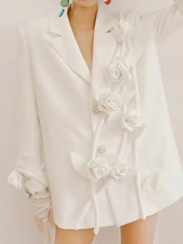 DEAT Fashion Women's Blazer Notched Collar Loose Diamonds Buttons Spliced Flower White Suit Jackets summer 2024 New 17A7225