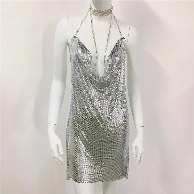 Club Party Dresses For Women 2024 Sexy Sequin Sexy Metal See Through Deep V Neck Dress Party Prom Evening Dress платье женское