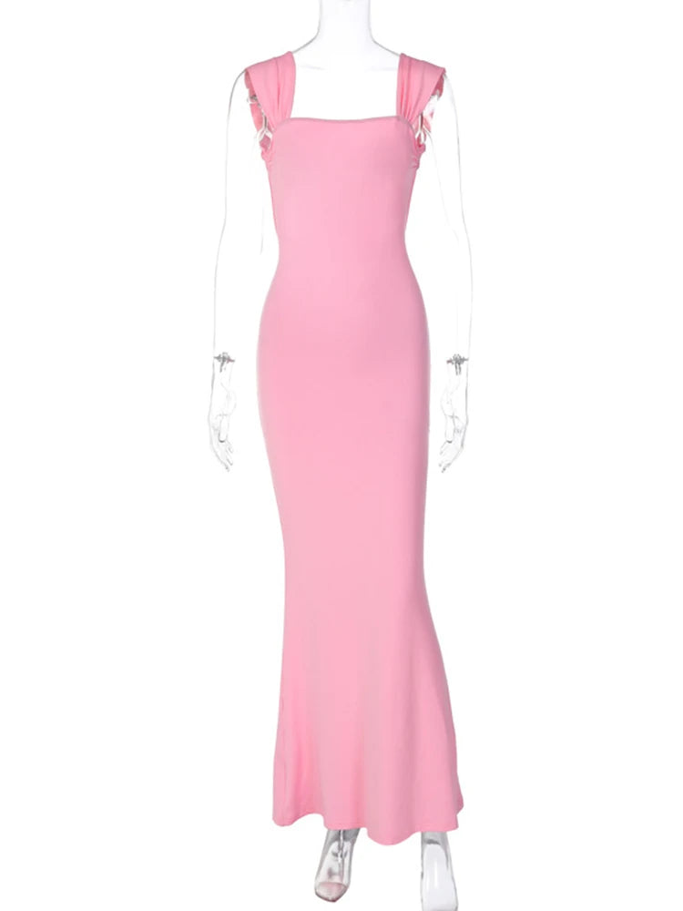 Dulzura Vestido largo rosa sin espalda con cordones para mujer, vestido ajustado sexy con tirantes finos, vestido elegante para fiesta, cumpleaños y noche