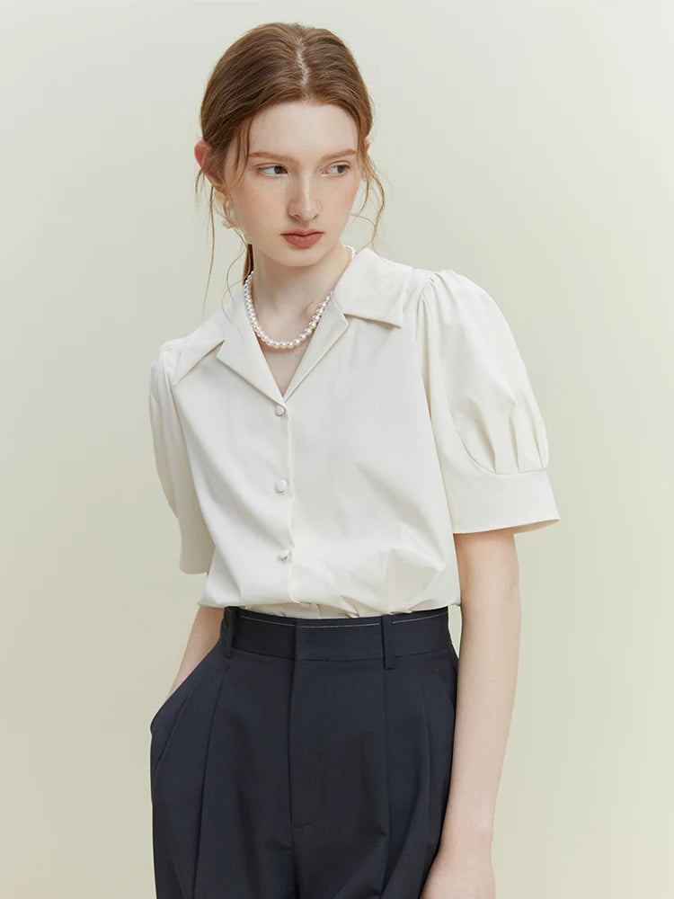 FSLE Office Lady Turn-Down Collar Women Short Sleeve Shirts Simple White Temperament Commuter Blouses Women Summer Tops